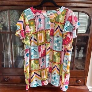 Rose & Olive Pink and Blue Flutter Sleeve Casual Top